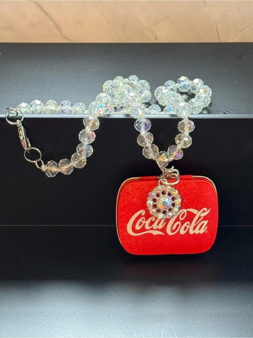 Handmade Coca‑Cola Pendant Necklace • Iridescent Beads • Upcycled Jewelry